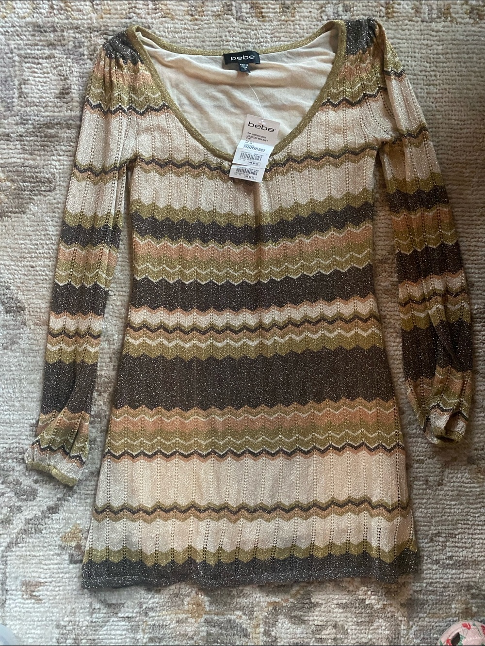 bebe Olive, Cream & Brown Zigzag Metallic Knit Long Sleeve Dress